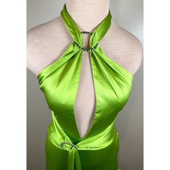 Khanums Kenisei Crystal Embellished Halter Green Limeade Maxi Gown Size Medium - Picture 4 of 12